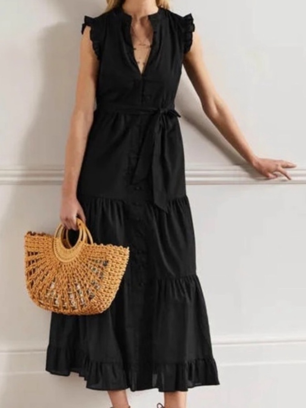 Black Tiered Cotton Button-Front Maxi Dress